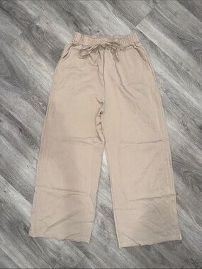Summer Linen Wide Leg Drawstring Lightweight Pants - Beige